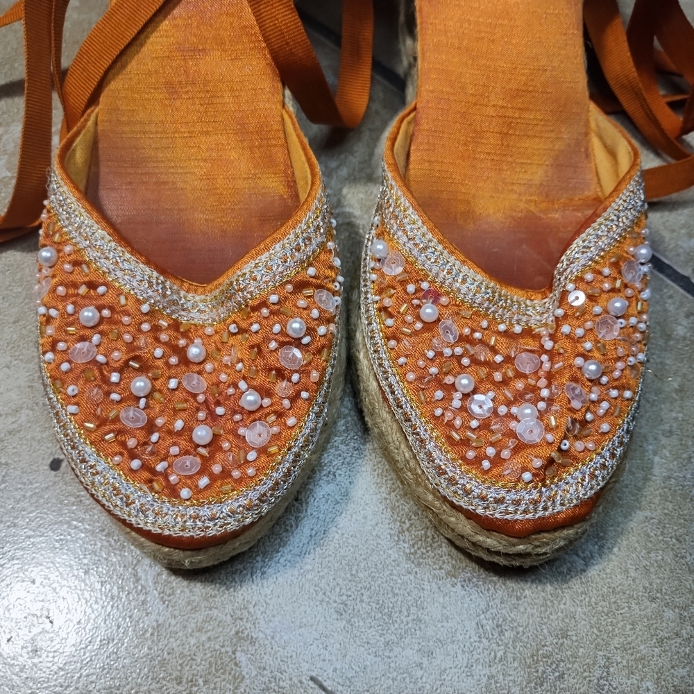 Montego Bay Club Leg Strap Beaded & Embroidered Pearl Wedges Espadrilles Size 8 - Picture 4 of 8